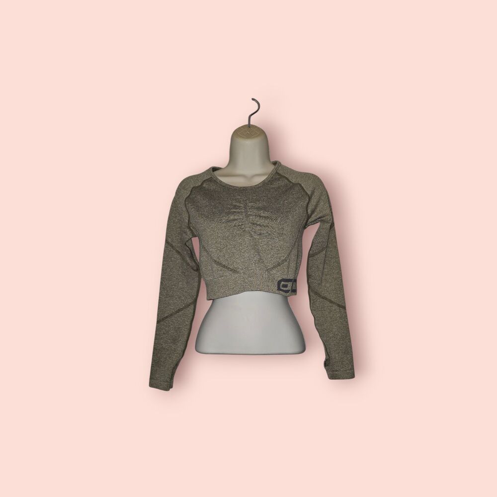 ECHT Arise Scrunch Crop Long Sleeve Activewear Top Olive Green Workout Med Gym